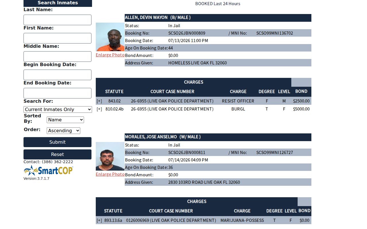 Suwannee County released inmate SmartWEB search fields