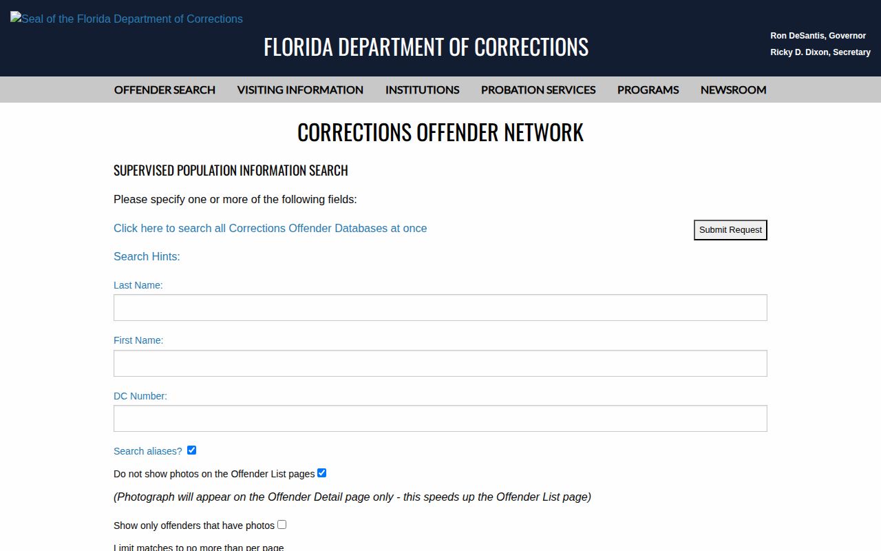 Suwannee County parole and probation Supervised Population search fields