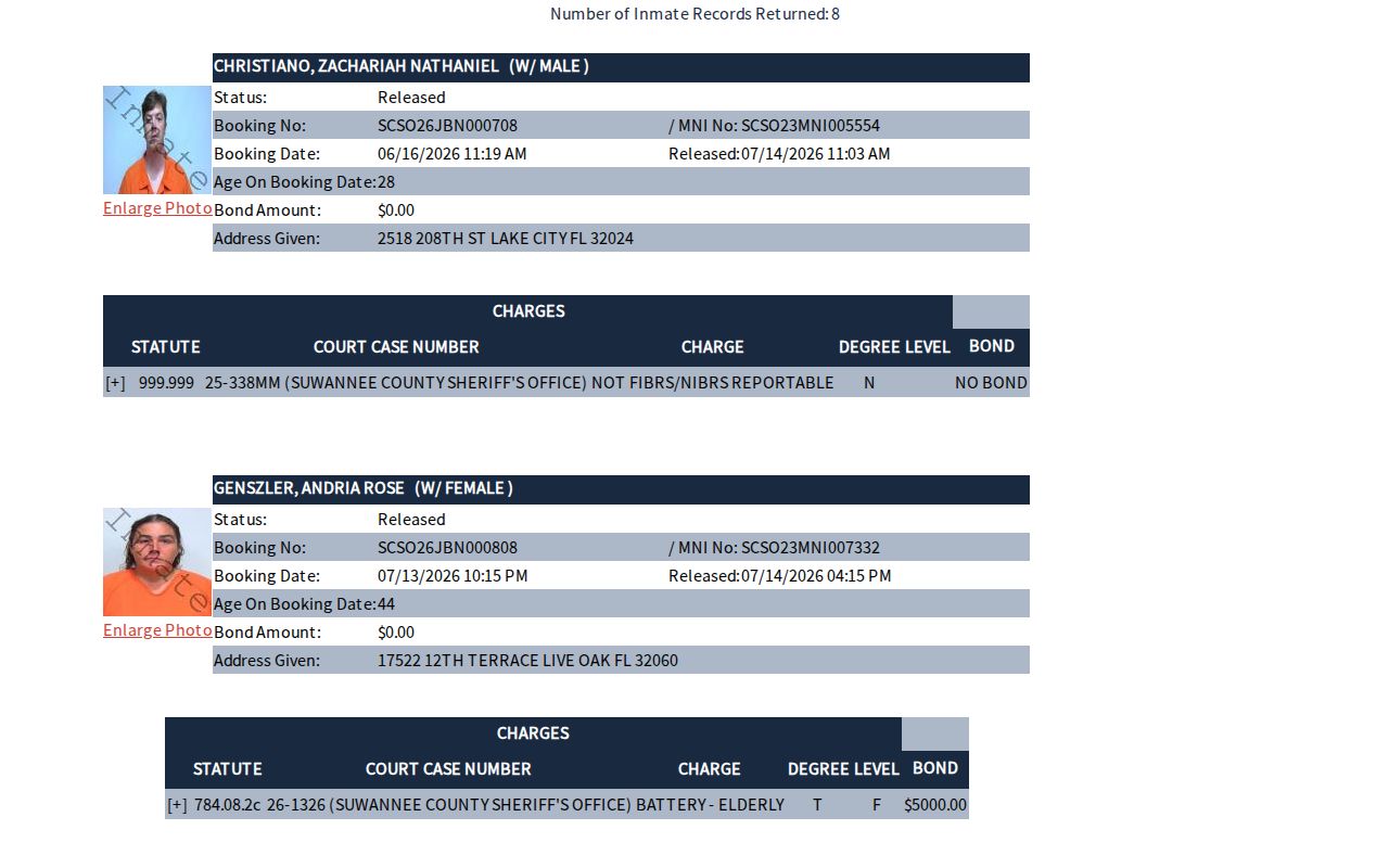 Suwannee County 24-hour release date search in SmartWEB