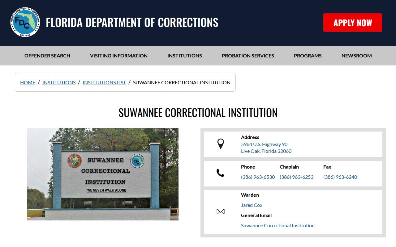 Suwannee Correctional Institution FDC facility and release contact listing