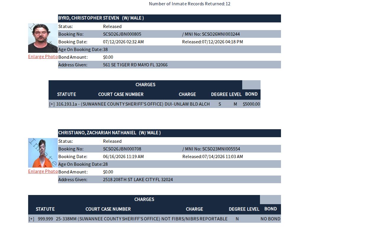 Suwannee County 72-hour release calendar-date query