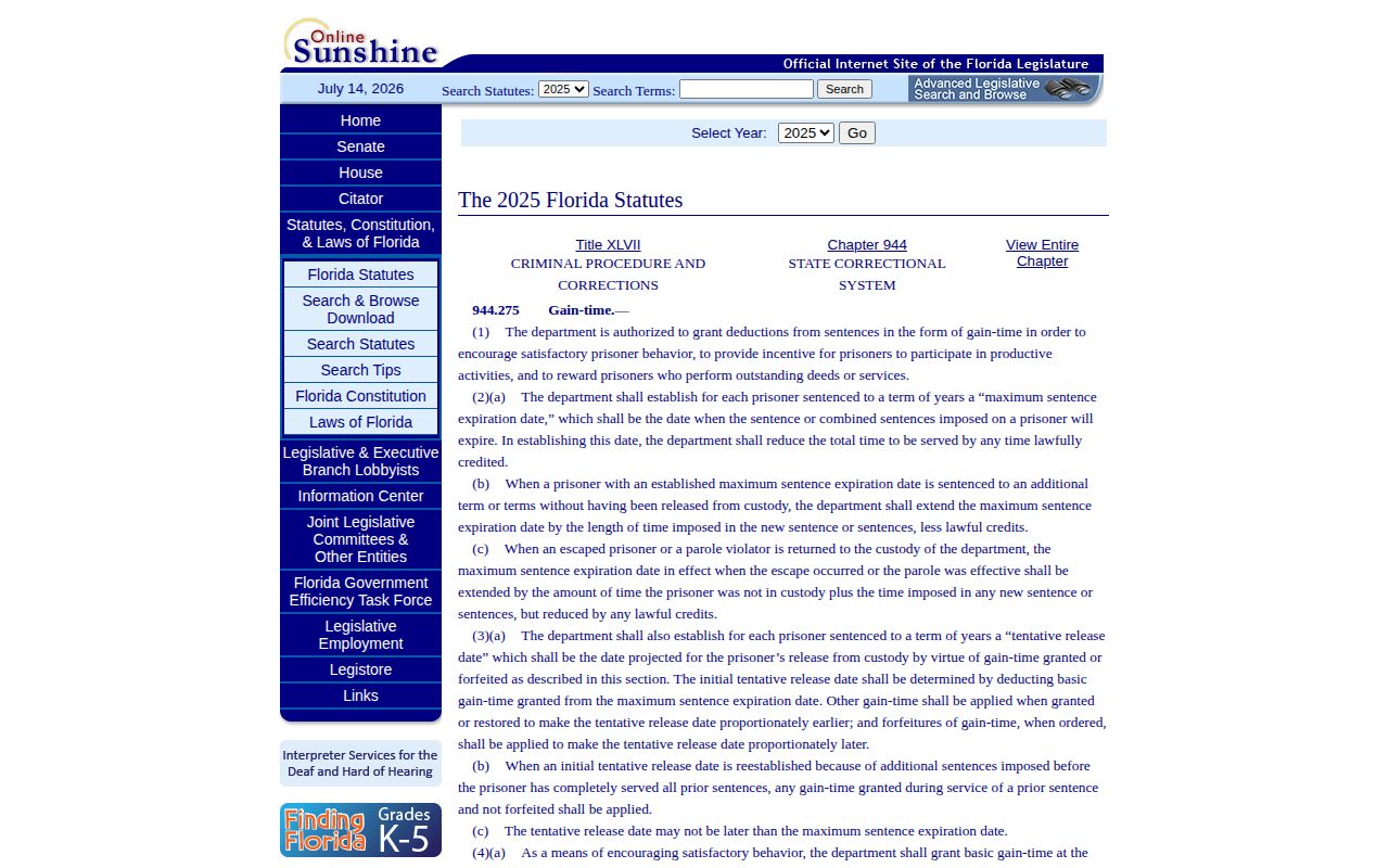 Florida statute for Suwannee County tentative release date and gain-time