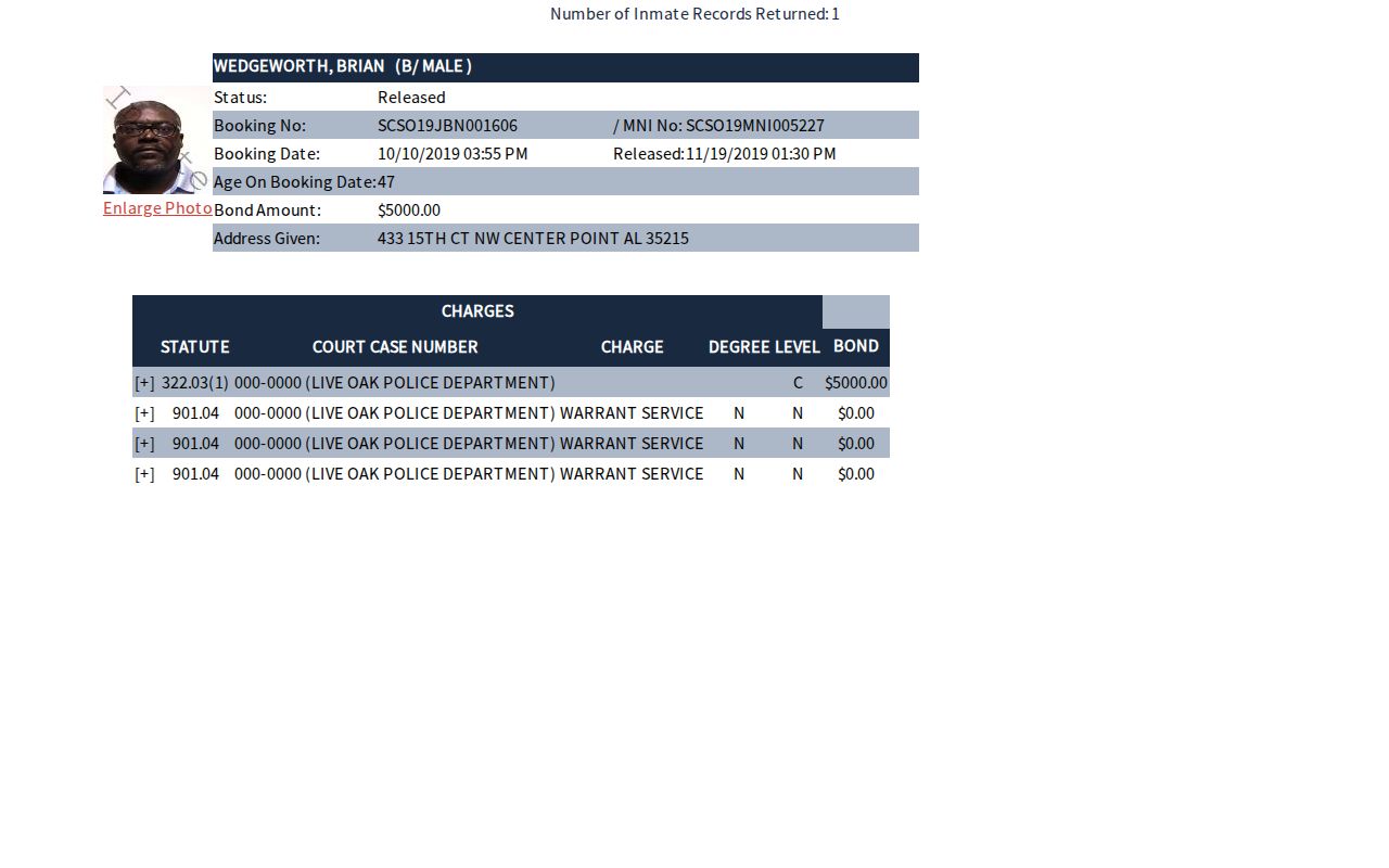 Suwannee County released inmate booking photo with Released status