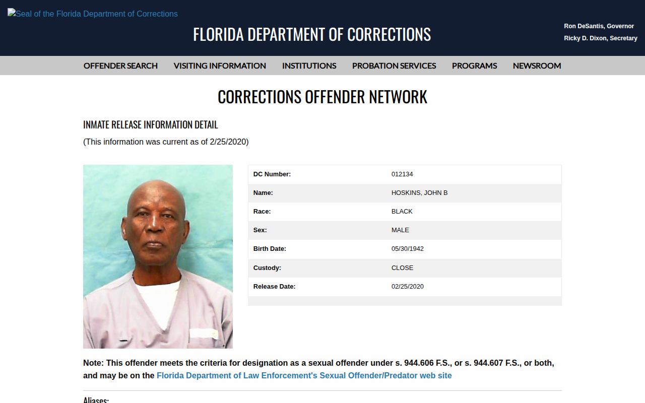 Florida release record fields for a Suwannee County state-prison inmate